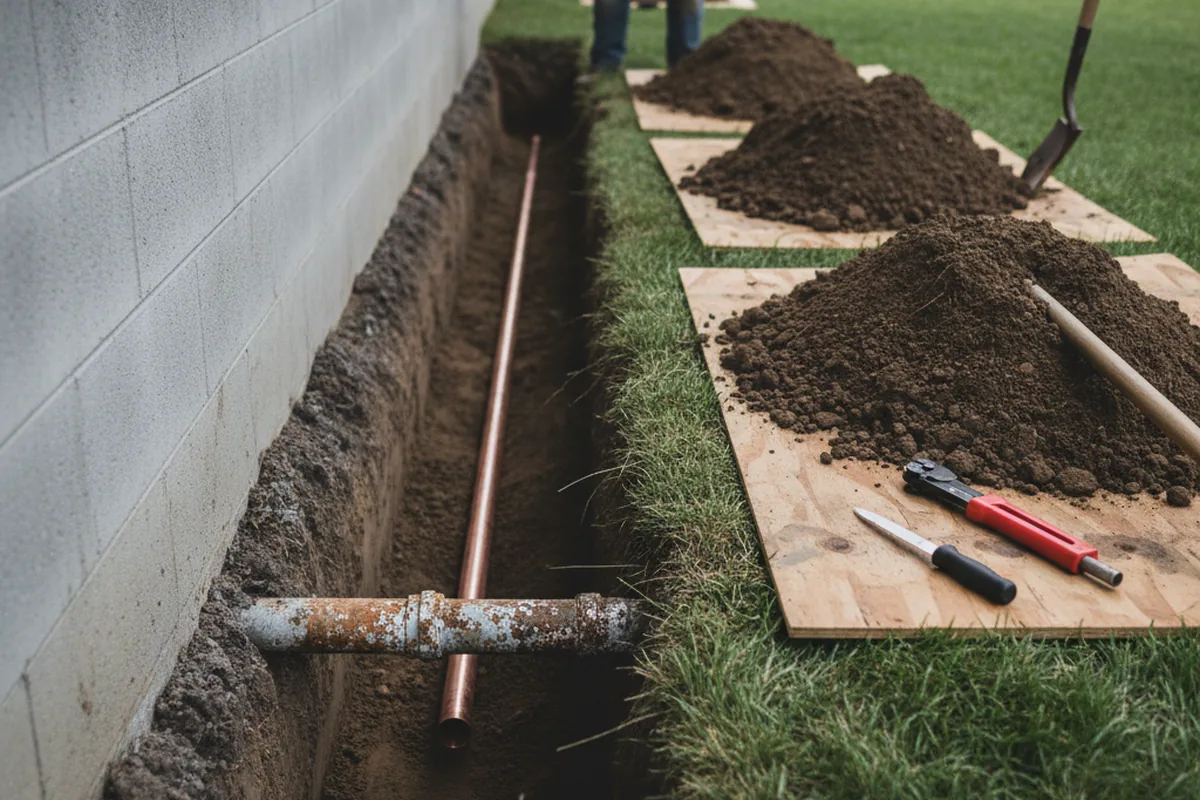 Excavated water line trench during Sewer Line Repair in Nine Mile Falls